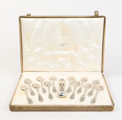 six silver spoons in a case with a white background