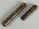 pair of antique japanese wood and metal pipe holders
