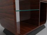 a close up of a wooden shelf with glass shelves on it