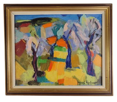 an oil painting of a landscape with trees and a hill in the background