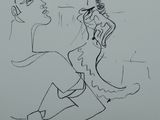 drawing of a woman with a guitar in her hand and a man in the background