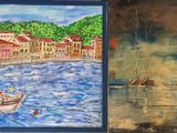 a painting of a boat in the water next to a painting of a town