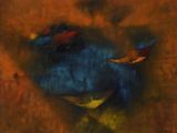 an image of a painting of a blue fish on a brown background