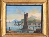 tableau représentant une vue d'un port avec des bateaux et des personnes sur l'eau