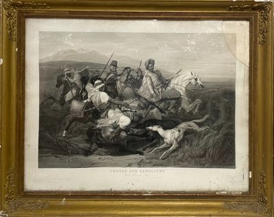 tableau représentant un groupe d'hommes à cheval, avec un chien à terre