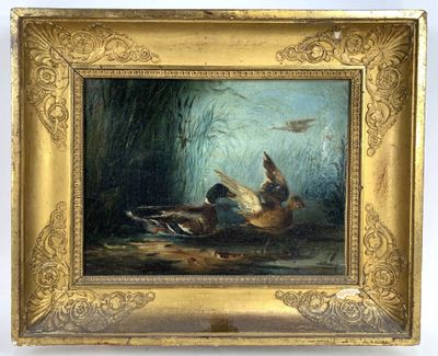 Ecole française XXe s. : Nature morte aux canards et poule d… - Photo 1