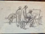 pencil drawing of a group of people standing around a painting easel