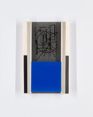 a blue and black painting on a white wall next to a black and white wall
