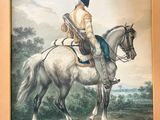 a painting of a man riding a horse in a field