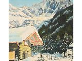 tableau représentant une cabane dans la neige, avec des montagnes en arrière-plan
