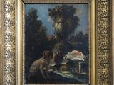 une peinture à l'huile représentant un chien et un chat dans un décor boisé