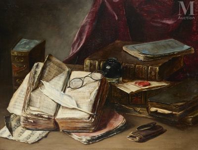 une peinture représentant un livre, des lunettes et d'autres objets posés sur une table