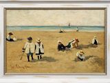 painting of a group of people on a beach by a body of water