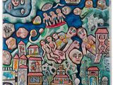 une image représentant un tableau où l'on voit un groupe de personnes dans une ville