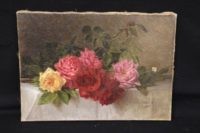 a painting of roses in a vase on a table