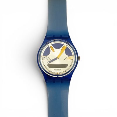 a blue watch with a picture of a bird on it