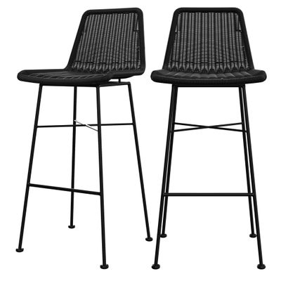 lot de deux tabourets de bar en osier noir avec des pieds en métal