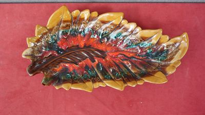 a picture of a colorful leaf shaped dish on a red surface