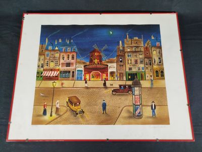 tableau représentant une scène de rue avec une calèche au centre