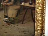 an old painting of a woman sitting at a table in front of a stove