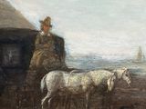 a painting of a man riding a horse and a horse drawn carriage