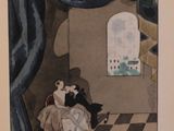 painting of a man and a woman sitting in a chair in a room with a checkered floor