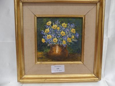 Raymonde AUBRY (née en 1933) Vase de fleurs jaunes et bleues…