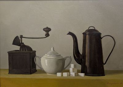 un tableau représentant une théière et une cafetière posées sur une table