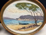 a picture of a painting of a boat on the beach