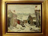 une photo d'un tableau représentant un village sous la neige