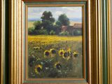une peinture à l'huile représentant un champ de tournesols avec une grange en arrière-plan