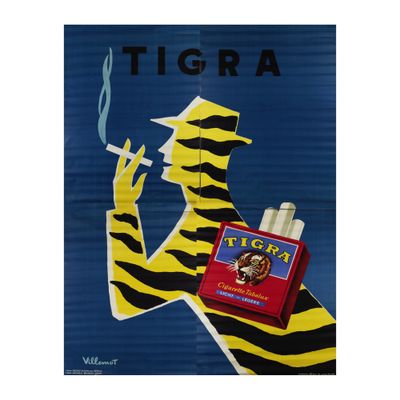 une vieille affiche représentant un homme en train de fumer une cigarette, sur laquelle figure un tigre