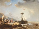 a painting of a group of people on a beach