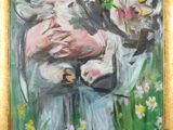 tableau représentant un enfant tenant un chien dans un champ de fleurs