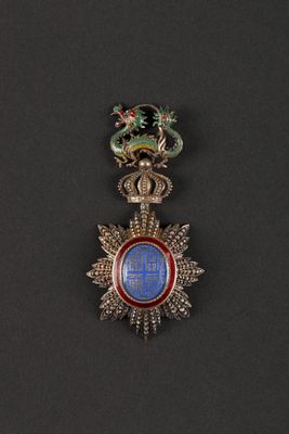 a close up of a medal with a dragon on top of it