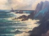 an oil painting of a rocky coast with a lighthouse in the distance