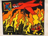 painting of a red airplane flying over a city with flames