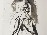 an ink drawing of a woman holding a baby in her arms