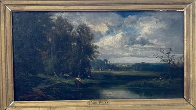 an oil painting of a landscape with a river in the foreground and trees in the foreground