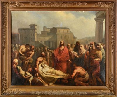 une peinture à l'huile représentant un groupe de personnes rassemblées autour d'un homme