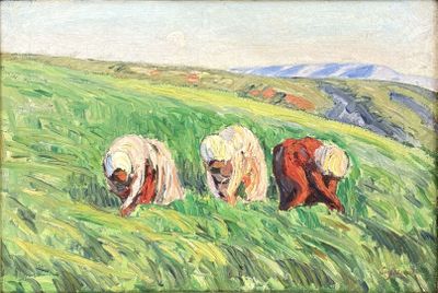 painting of three women working in a field with a mountain in the background