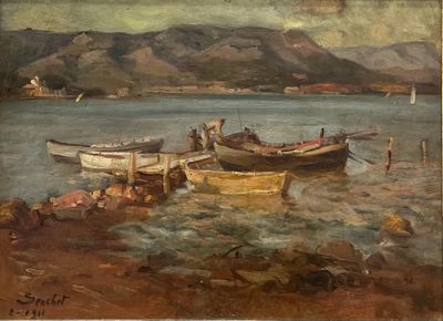 un tableau représentant un groupe de bateaux sur l'eau
