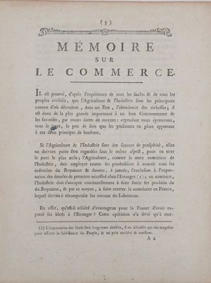 HUBERT. Mémoire sur le commerce. [Paris], 1789. In-4 de 9 pp…