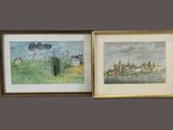 two framed watercolors of a landscape with horses in the foreground