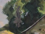 painting of an old stone building in a field with trees in the background