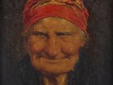 a painting of an old woman with a red head scarf