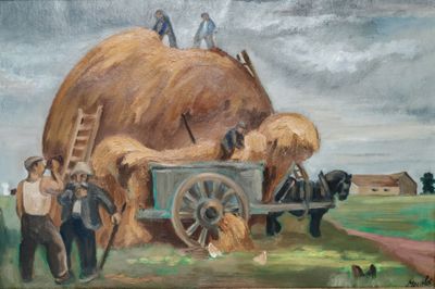 un tableau représentant un charreton de foin tiré par deux hommes