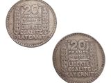 deux pièces d'argent, dont l'une a été émise à l'occasion du 20e anniversaire de la France