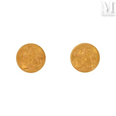 Deux pièces d'or sont représentées sur une surface blanche