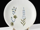 a white plate with blue flowers painted on it